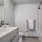 a bathroom with a shower curtain